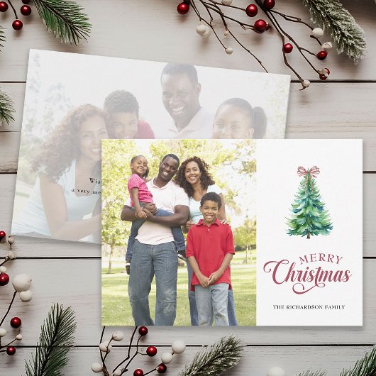 Minimal Tree With Bow 2 Photo Christmas Card シーズンカード