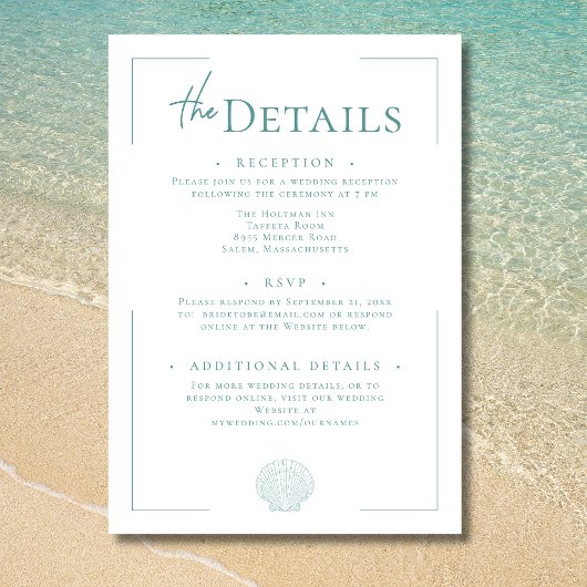 Minimal Typography Aqua & White Shell Wedding エンクロージャーカード
