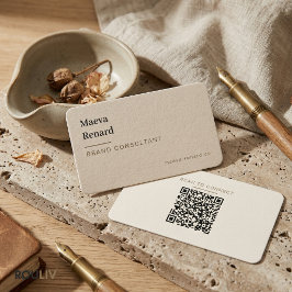 Minimal Warm Beige Linen Texture QR Code Freelance 名刺