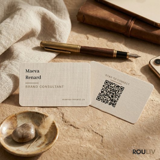 Minimal Warm Beige Linen Texture QR Code Freelance 名刺