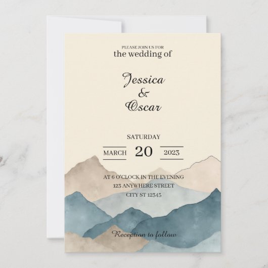 Minimal Watercolor Mountain Wedding Invitation 招待状 (正面)