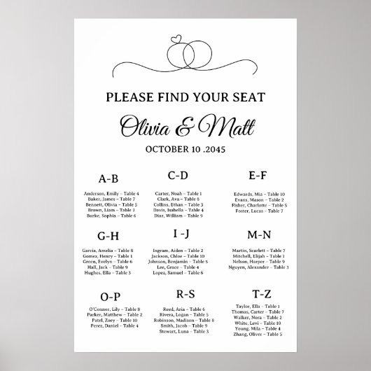 Minimal Wedding Alphabetical Seating Chart Poster ポスター (正面)
