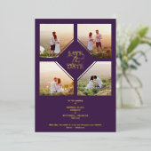 Minimal Wedding Purple & Gold 4-Photos Collage 箔招待状 (立ち正面)