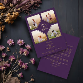 Minimal Wedding Purple & Gold 4-Photos Collage 箔招待状