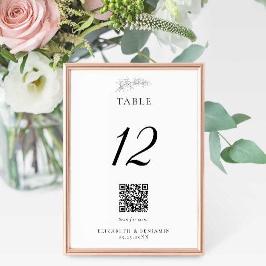 Minimal Wedding QR Code Menu Elegant Black White テーブルナンバー