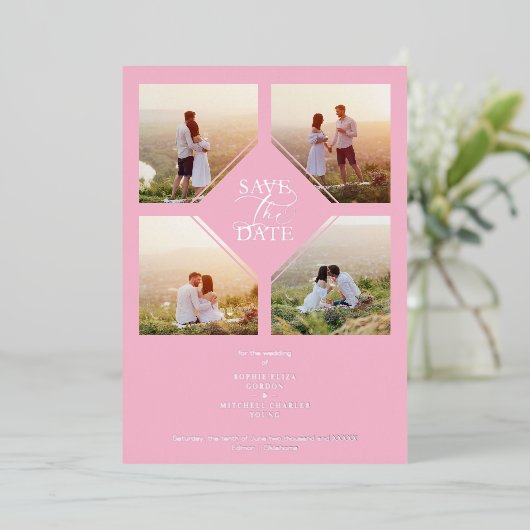 Minimal Wedding Soft Blush Pink & Silver 4-Photos  箔招待状 (立ち正面)