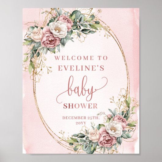 Minimal Welcome Dusty Pink Flowers Gold Glitter ポスター (正面)