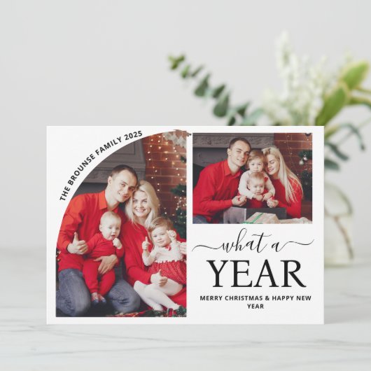 Minimal What a Year Multi Photo Collage Christmas カード (スタンド正面)