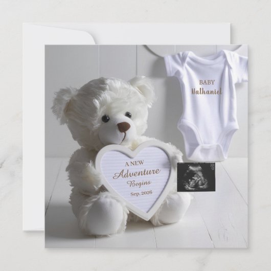 Minimal White Bear Pregnancy announcement card 案内状 (正面)