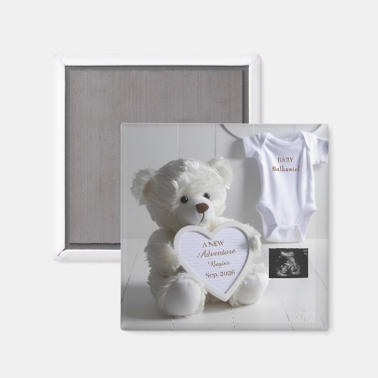 Minimal White Bear Pregnancy announcement keepsake マグネット (正面/裏面)