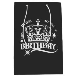 Minimal White Crown Birthday Typography Black ミディアムペーパーバッグ