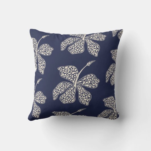 Minimal White Hibiscus Floral Navy Blue Design クッション (裏面)