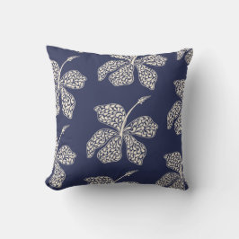 Minimal White Hibiscus Floral Navy Blue Design クッション