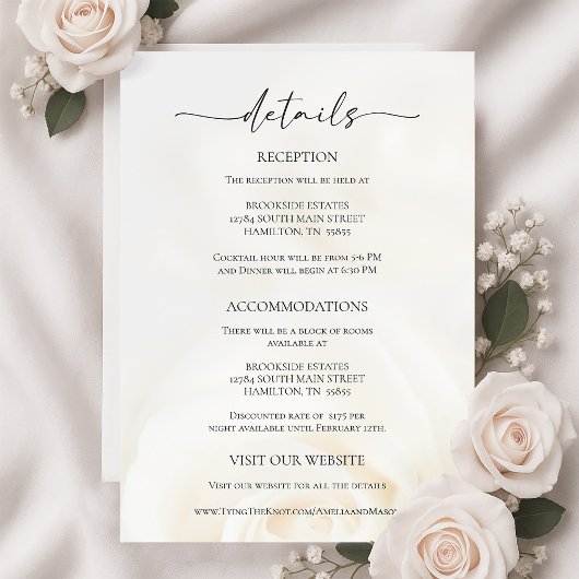Minimal White Rose Wedding Details Enclosure Card 出欠カード