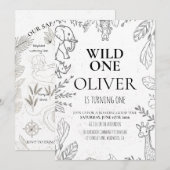 Minimal Wild One Safari 1st Birthday Party 招待状 (正面/裏面)