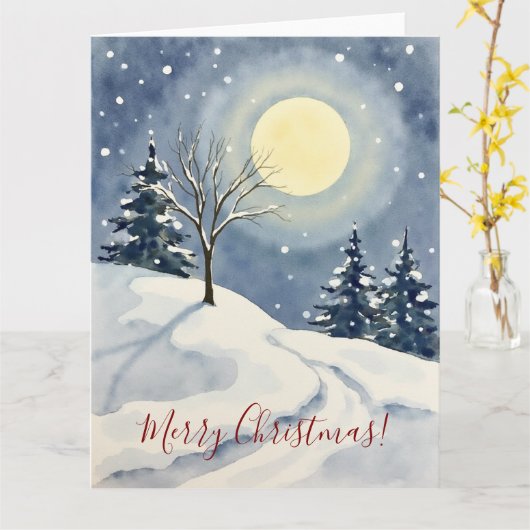 Minimal Winter Moon Watercolor Christmas Art カード (黄色い花)
