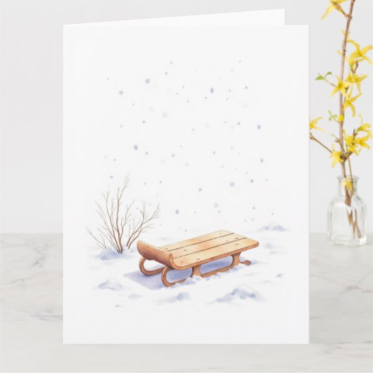 Minimal Winter Sled Watercolor Christmas Art カード (黄色い花)