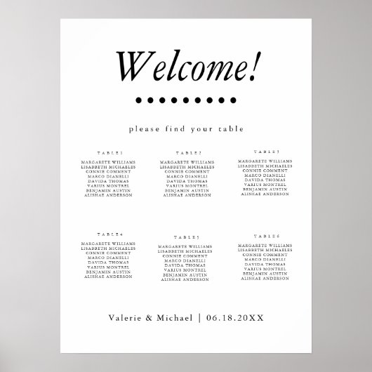 Minimalist-1 B&W Wedding 6 Tables Seating Chart ポスター (正面)