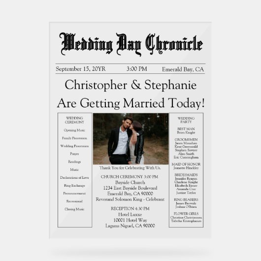 Minimalist 1 Photo Elegant Script Wedding Program アクリルサイン (正面)