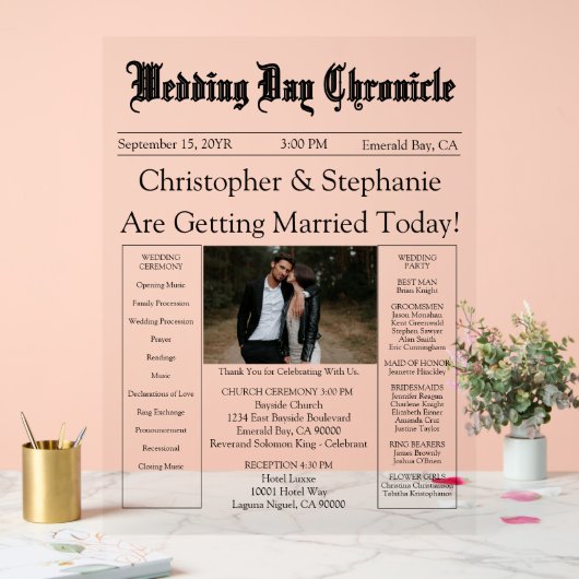 Minimalist 1 Photo Elegant Script Wedding Program アクリルサイン (ウェディング)