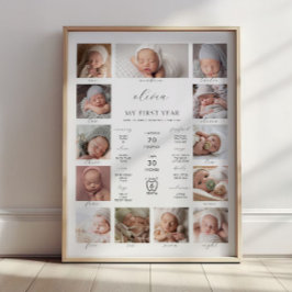 Minimalist 1st Birthday Milestone Photo Collage ポスター