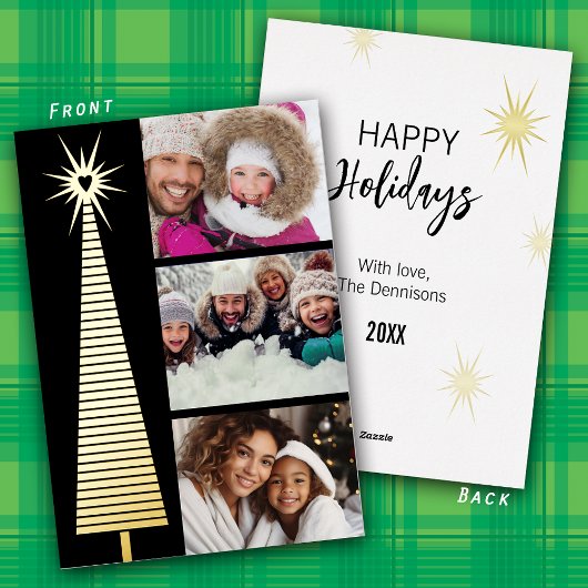Minimalist 3 photo Gold Foil Christmas Tree Card 箔シーズンカード