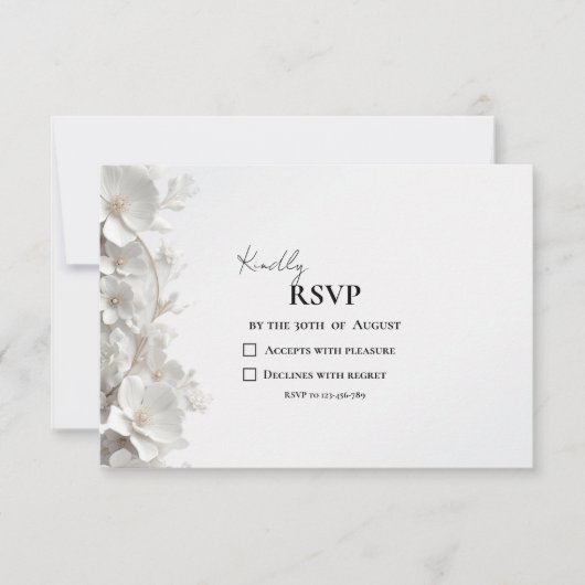 Minimalist 3D White Floral Elegant Luxury Wedding 出欠カード (正面)