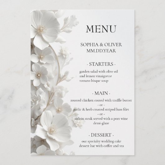 Minimalist 3D White Floral Luxury Elegant Wedding メニュー (正面)