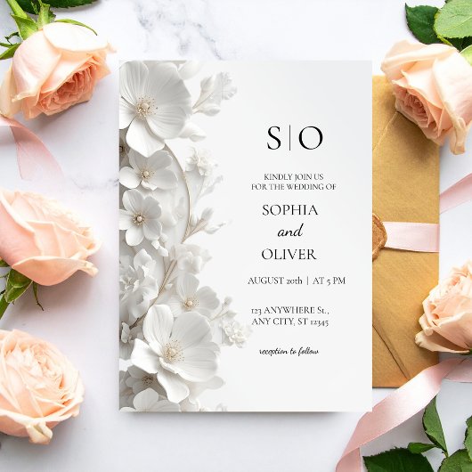 Minimalist 3D White Floral Luxury Elegant Wedding 招待状