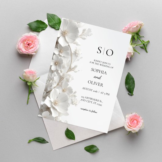 Minimalist 3D White Floral Luxury Elegant Wedding 招待状