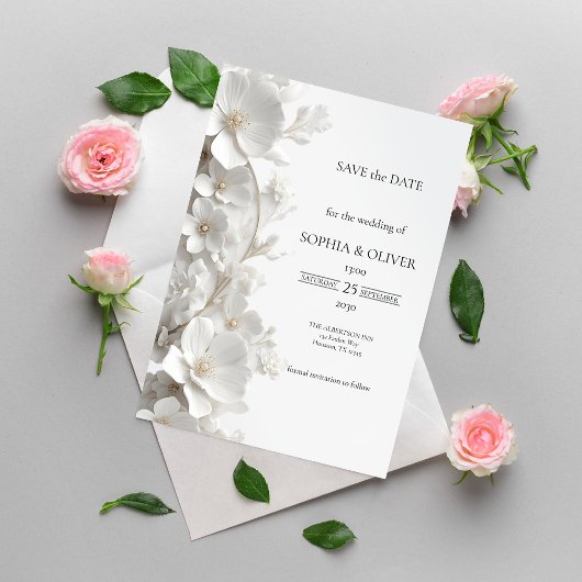 Minimalist 3D White Floral Luxury  Save the Date