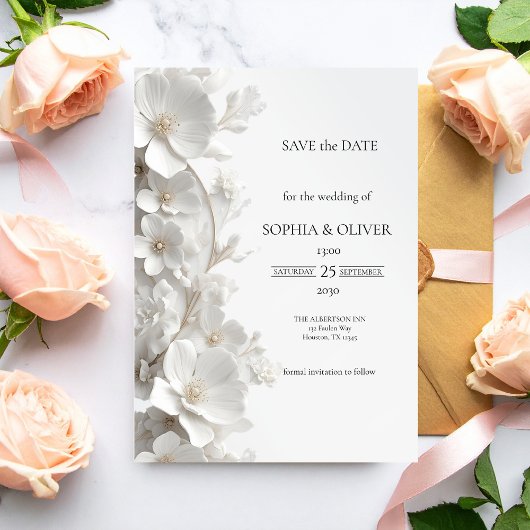 Minimalist 3D White Floral Luxury  Save the Date