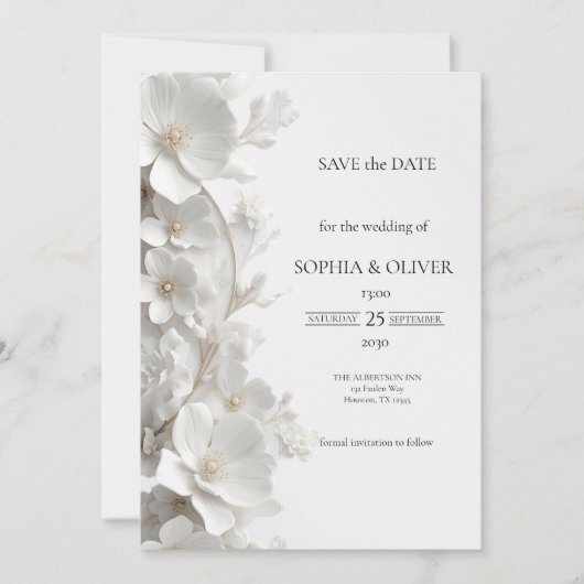 Minimalist 3D White Floral Luxury  Save the Date (正面)