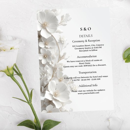 Minimalist 3D White Floral Modern Luxury Wedding エンクロージャーカード