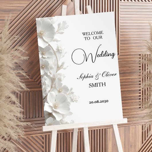 Minimalist 3D White Floral  Wedding Welcome Sign  ポスター