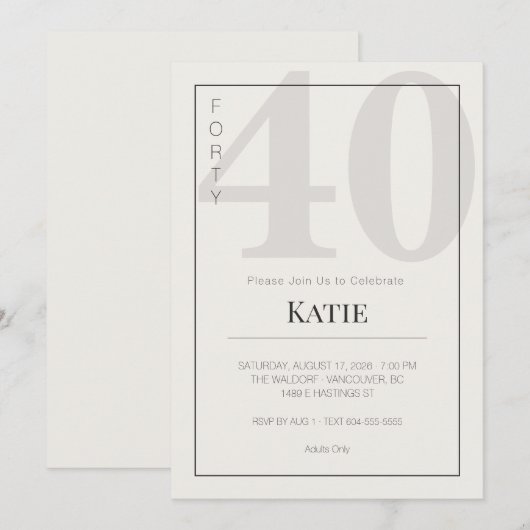 Minimalist 40th Milestone Birthday Celebration 招待状 (正面/裏面)