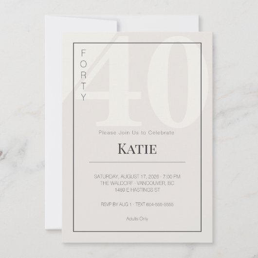 Minimalist 40th Milestone Birthday Celebration 招待状 (正面)