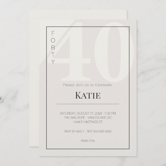 Minimalist 40th Milestone Birthday Celebration 招待状 (正面/裏面)