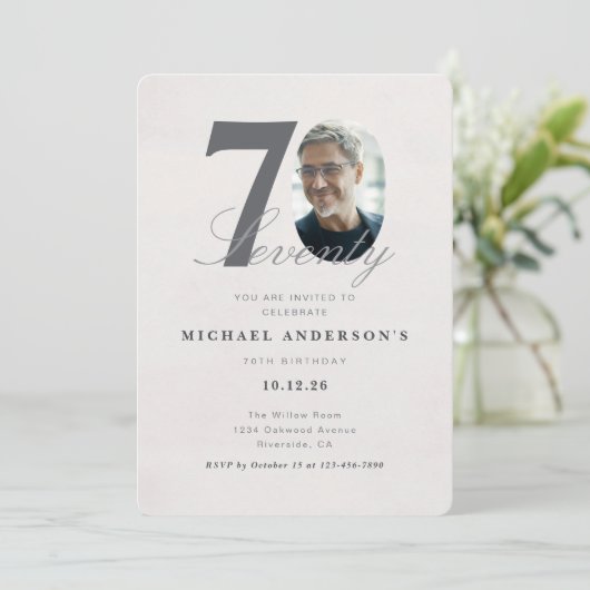 Minimalist 70th Year Birthday Invitation 招待状 (スタンド正面)