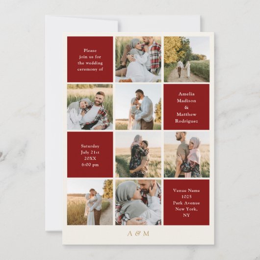 Minimalist 9 Photo Ivory Burgundy Wedding  招待状 (正面)