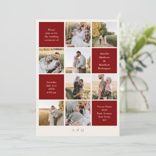 Minimalist 9 Photo Ivory Burgundy Wedding 招待状 (スタンド正面)