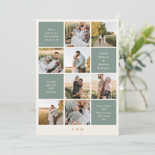 Minimalist 9 Photo Ivory Sage Green Wedding  招待状 (スタンド正面)