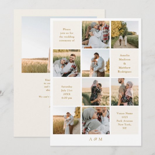 Minimalist 9 Photo Ivory White Wedding Invitation 招待状 (正面/裏面)