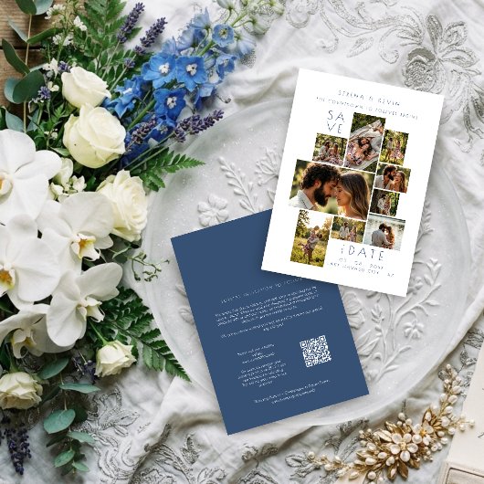 Minimalist 9 Photo Wedding Collage ダスティブルー TLW2 ノートカード