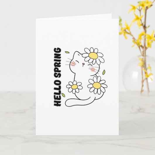 Minimalist Aesthetic Hello Spring Cat & Daisy  カード (黄色い花)