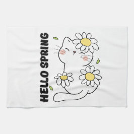 Minimalist Aesthetic Hello Spring Cat & Daisy  キッチンタオル