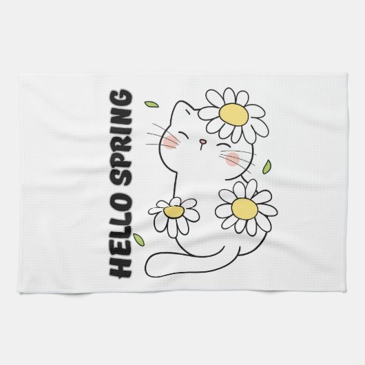 Minimalist Aesthetic Hello Spring Cat & Daisy  キッチンタオル (横)