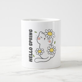 Minimalist Aesthetic Hello Spring Cat & Daisy  ジャンボコーヒーマグカップ