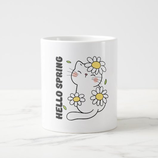Minimalist Aesthetic Hello Spring Cat & Daisy  ジャンボコーヒーマグカップ (正面)