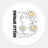Minimalist Aesthetic Hello Spring Cat & Daisy  ラウンドシール (正面)